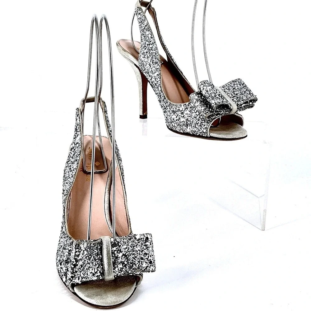 Kate Spade New York‎ Size 5 Silver Glitter Bow Slingback Heels Weddding Bridal